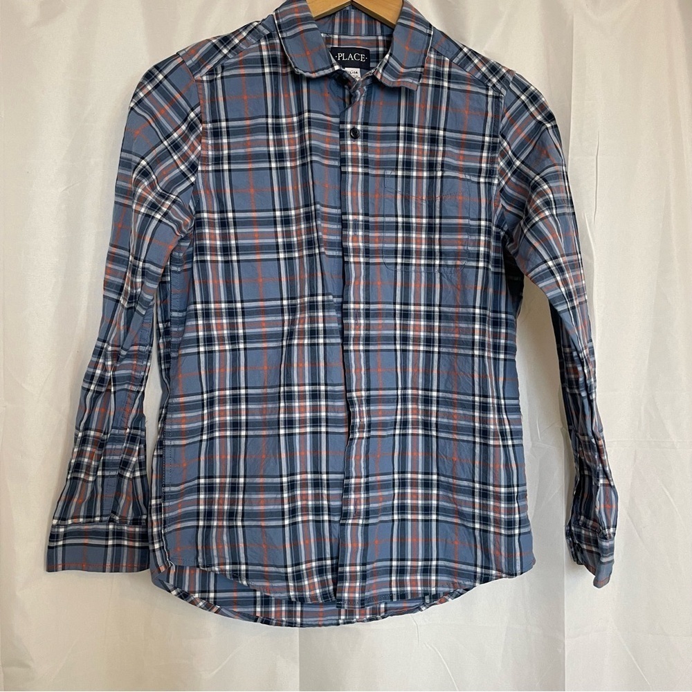 CHILDREN’S PLACE Boy’s Blue White Orange Plaid Long Sleeve Button Down Size 14